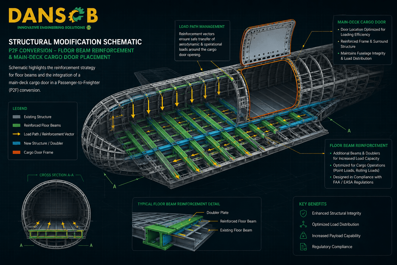 Structural modification schematic highlighting floor beam reinforcement vectors and main-deck cargo door placement during a Passenger-to-Freighter (P2F) engineering conversion.